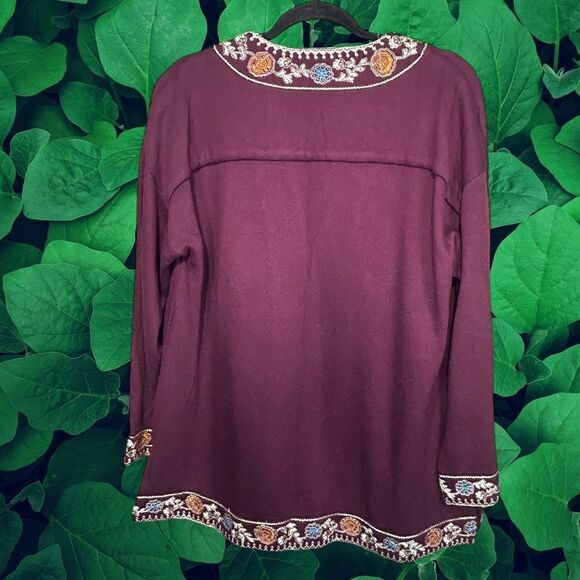 Soft Surroundings Burgundy Purple Embroidered Fleece Lined Cardigan Large - Picture 2 of 7
